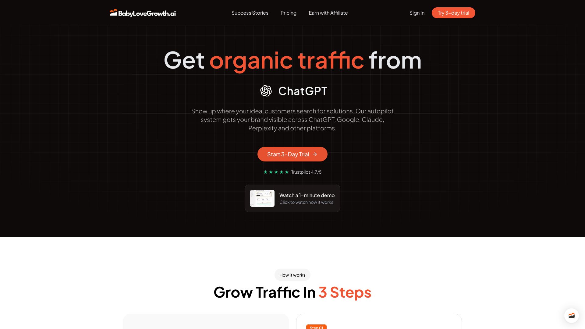 BabyLoveGrowth homepage offering organic traffic from AI search tools